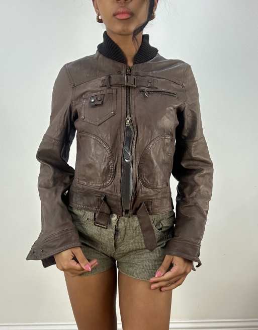 Vintage leather biker jacket in brown