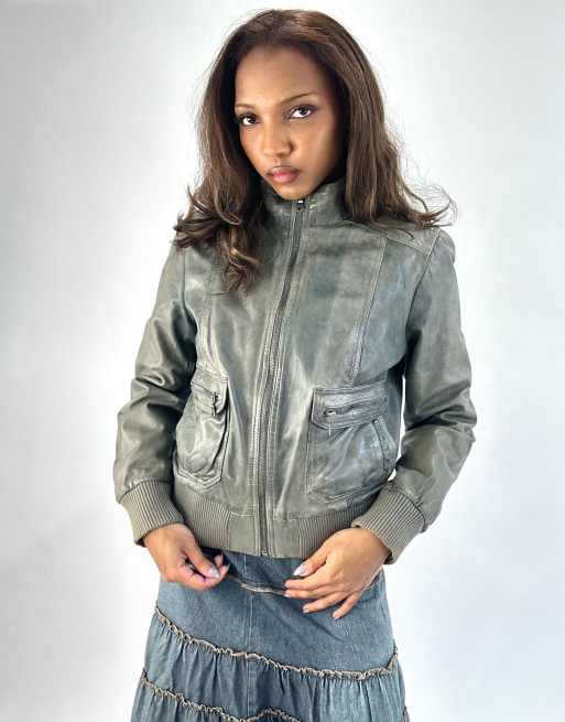 Vintage leather bomber jacket in green