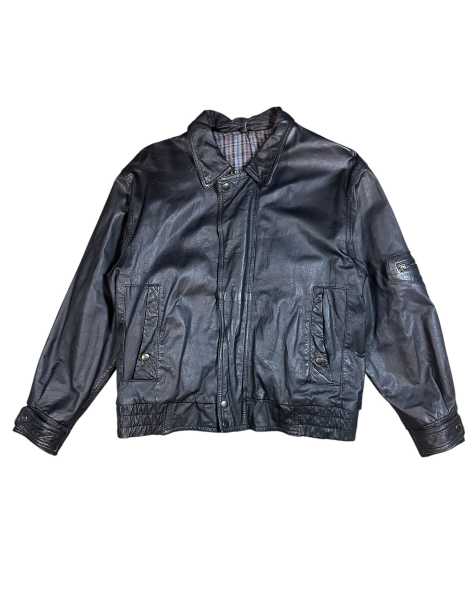 Vintage Leather Bomber Jacket in heavy black leather with collar and plaid lining - view 1