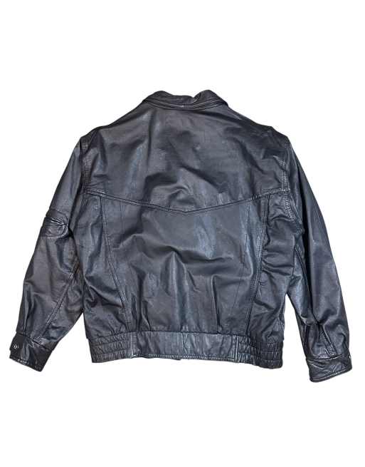 Vintage Leather Bomber Jacket in heavy black leather with collar and plaid lining, 3 of 7