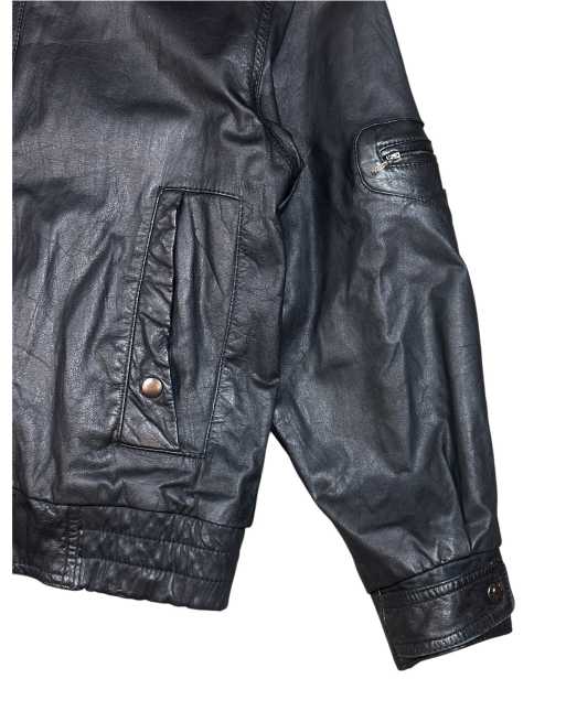 Vintage Leather Bomber Jacket in heavy black leather with collar and plaid lining, 4 of 7