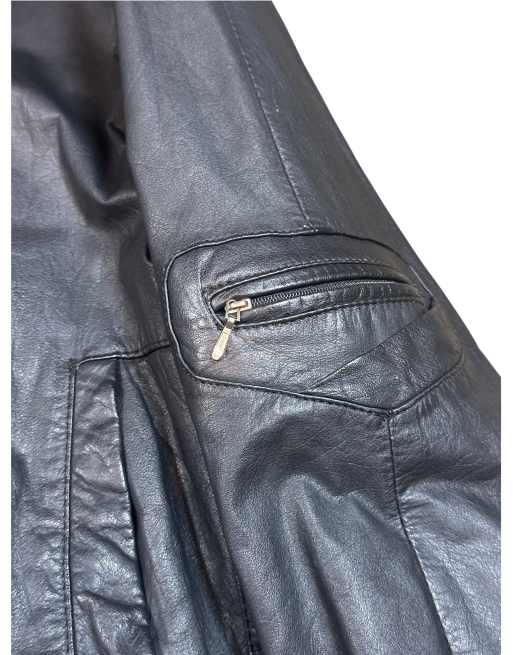 Vintage Leather Bomber Jacket in heavy black leather with collar and plaid lining, 5 of 7