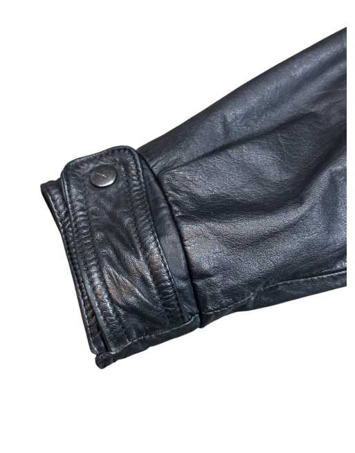 Vintage Leather Bomber Jacket in heavy black leather with collar and plaid lining, 6 of 7