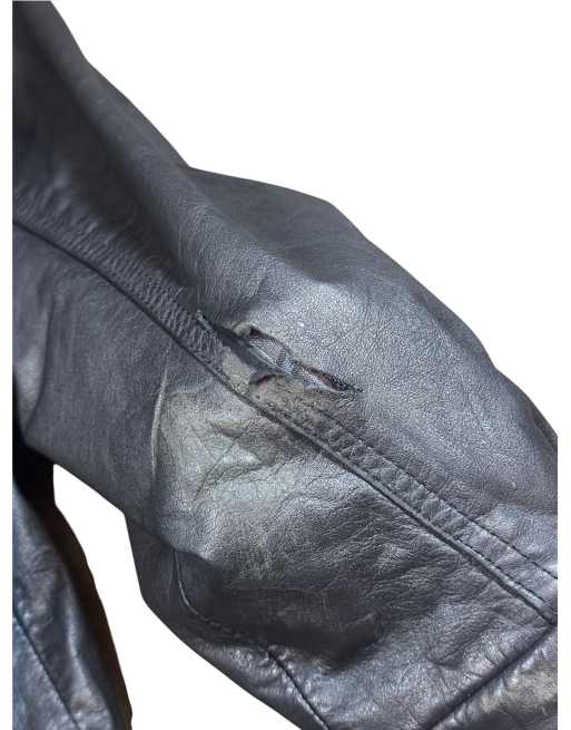 Vintage Leather Bomber Jacket in heavy black leather with collar and plaid lining, 7 of 7