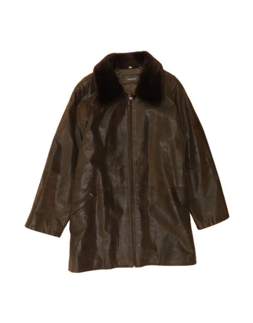 Vintage Leather Coat EU 44 XL In Khaki