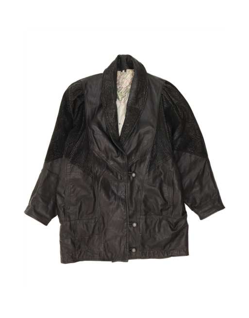 Vintage Leather Coat UK 16 Large In Black Animal Print