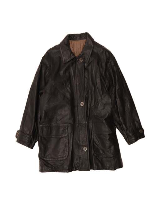 Vintage Leather Coat UK 18 XL In Black