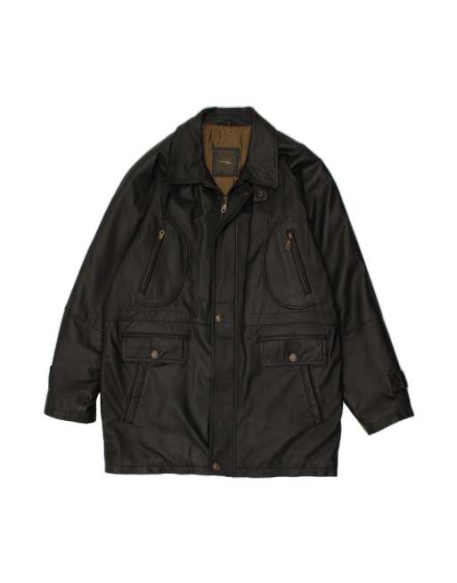 Vintage Leather Coat UK 42 XL In Black