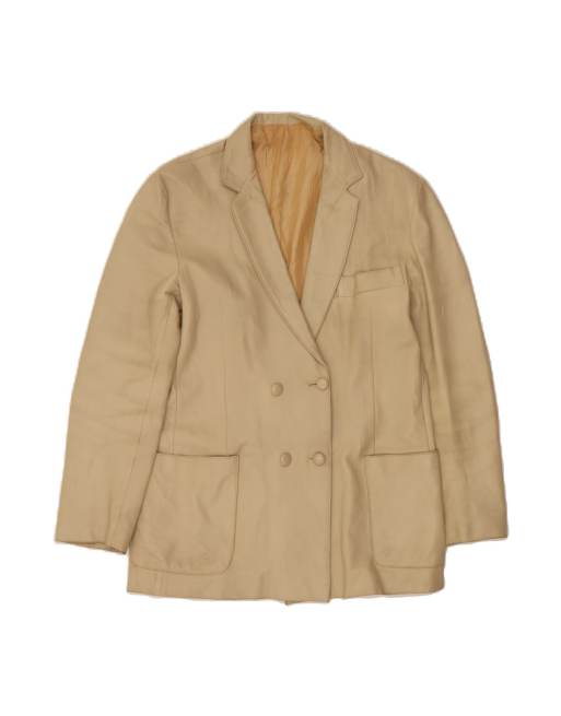 Vintage Leather Double Breasted Blazer Jacket UK 16 Large In Beige