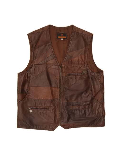 Vintage Leather Gilet UK 42 XL In Brown Patchwork