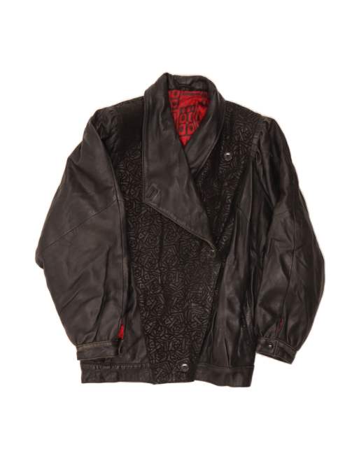 Vintage Leather Jacket UK 16 Large In Black Geometric Leather
