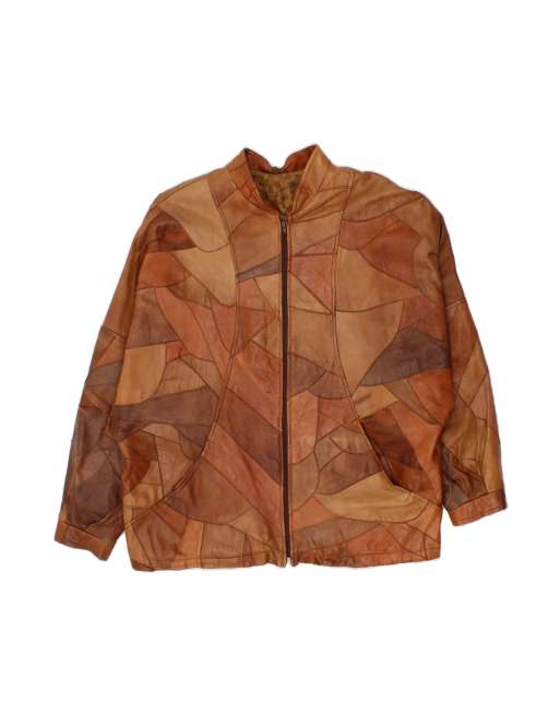 Vintage Leather Jacket UK 20 2XL In Brown Patchwork