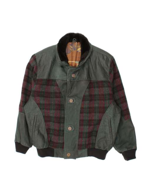 Vintage Leather Jacket UK 44 2XL In Green Check Leather
