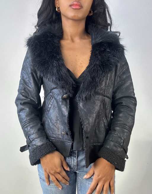 Vintage leather look jacket with faux fur lining in black