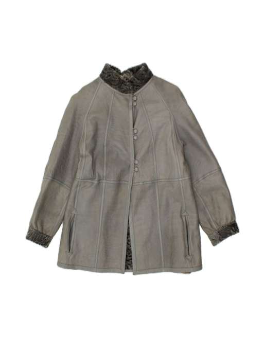 Vintage Leather Overcoat UK 12 Medium In Grey