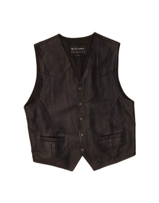 Vintage Leather Waistcoat 2XL In Black