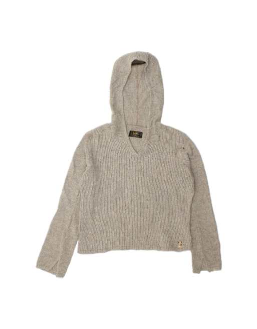 Vintage Lee Hooded V-neck Jumper Sweater UK 16 Large In Grey Wool