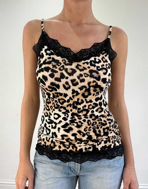 Vintage leopard print cami with lace trim in beige