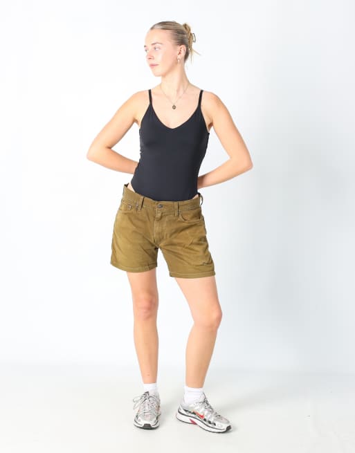 Vintage Levi's 32x14 denim shorts in dark green, 2 of 4