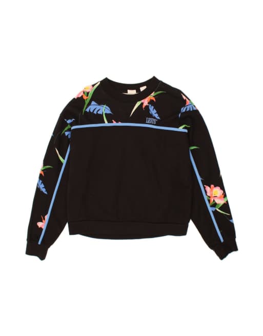 Vintage Levi's Crop Oversized Sweatshirt Jumper UK 6 XS In Black Floral
