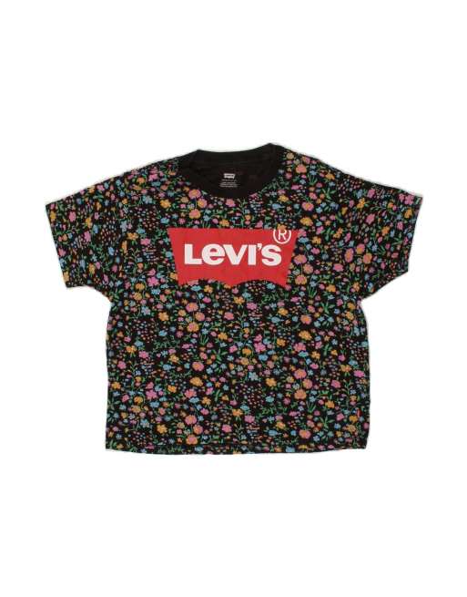 Vintage Levi's Oversized Crop Graphic T-shirt Top Uk 6 XS In Black Floral