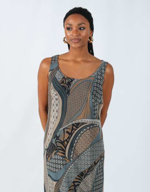 Vintage Lina T M printed woven maxi dress in grey | ASOS
