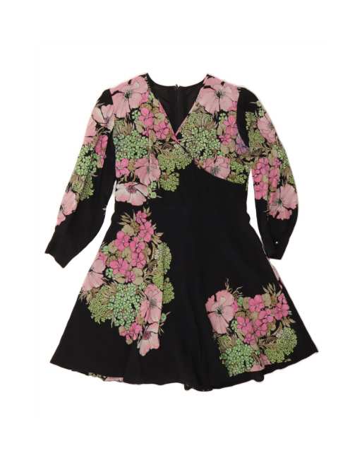 Vintage Long Sleeve A-line Dress UK 12 Medium In Black Floral