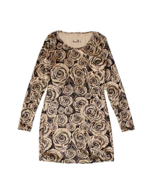 Vintage Long Sleeve Basic Dress UK 12 Medium In Brown Floral