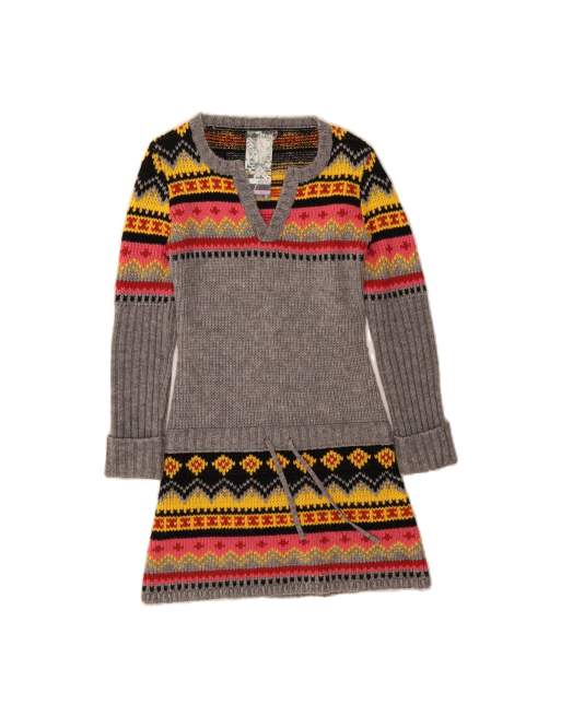 Vintage Long Sleeve Jumper Dress UK 12 Medium In Grey Fair Isle Wool