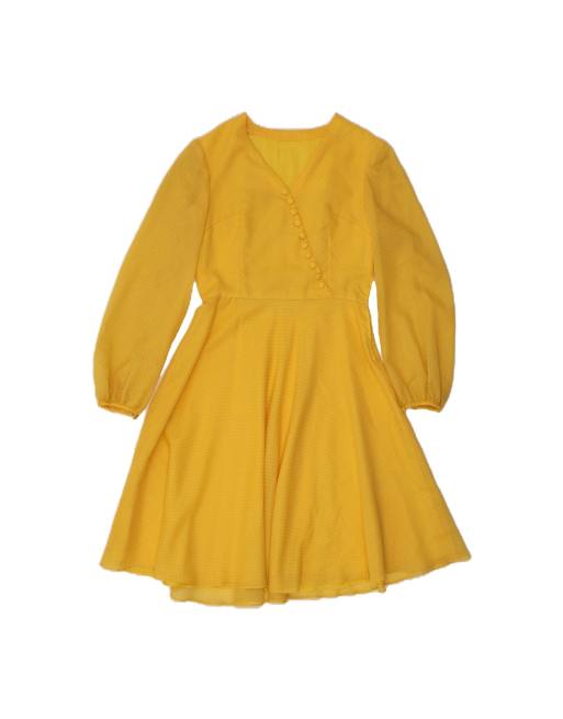 Vintage Long Sleeve Maxi Dress UK 12 Medium In Yellow Spotted