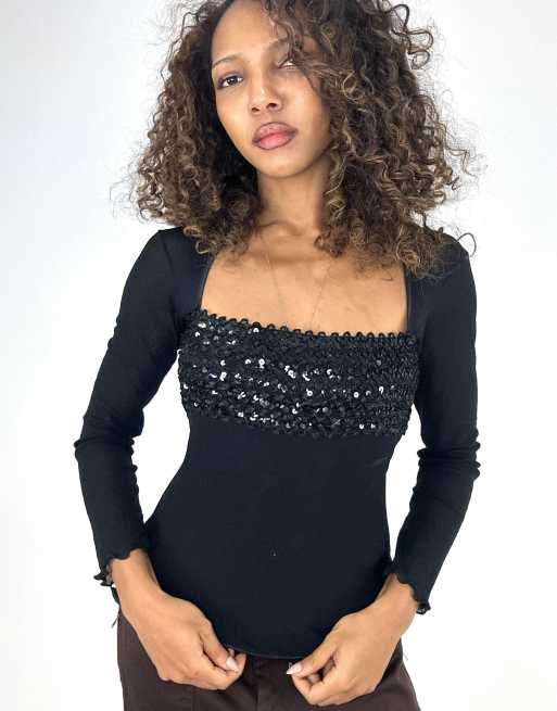 Vintage long sleeve sequin top in black