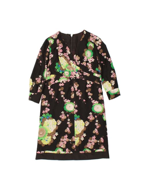 Vintage Long Sleeve Sheath Dress UK 16 Large In Black Floral