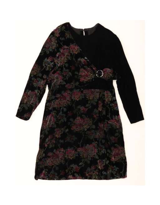 Vintage Long Sleeve Sheath Dress UK 16 Large In Black Floral