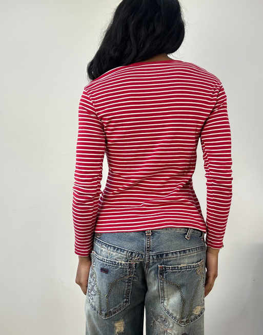 Vintage long sleeve striped top in red, 2 of 4