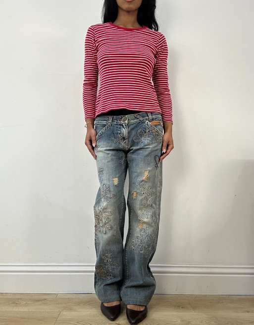 Vintage long sleeve striped top in red, 3 of 4