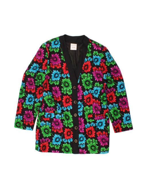Vintage Longline 5 Button Blazer Jacket EU 40 Medium In Black Floral