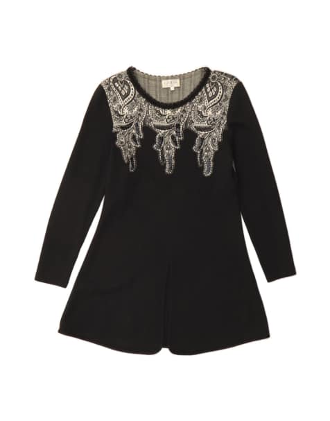 Vintage Longline Boat Neck Jumper Sweater UK 10 Small In Black Floral - view 1