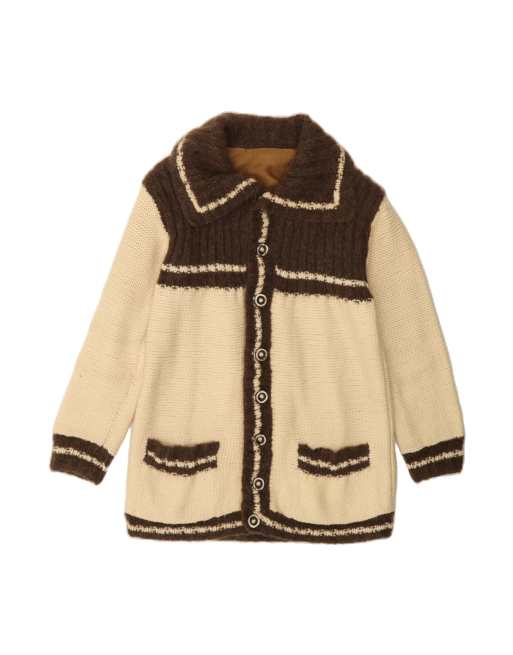 Vintage Longline Cardigan Sweater UK 12 Medium In Beige Colourblock