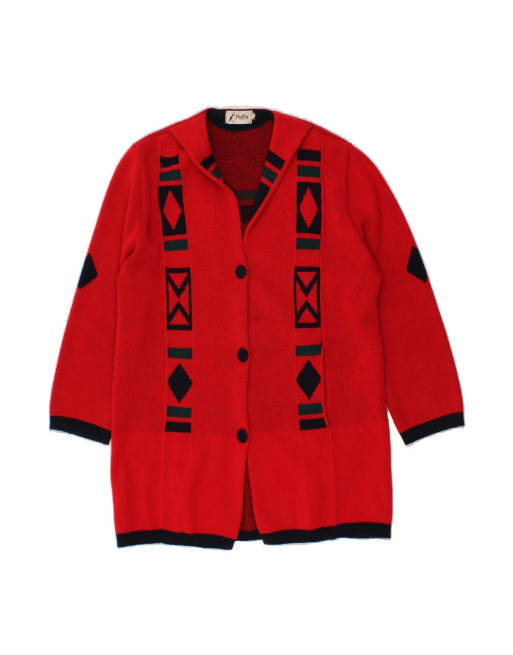 Vintage Longline Cardigan Sweater UK 14 Large In Red Geometric