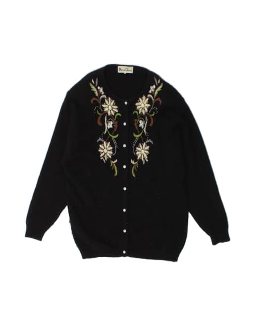 Vintage Longline Cardigan Sweater UK 14 Medium In Black Floral