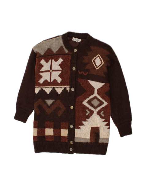 Vintage Longline Cardigan Sweater UK 14 Medium In Brown Fair Isle - view 1