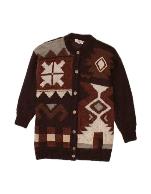 Vintage Longline Cardigan Sweater UK 14 Medium In Brown Fair Isle