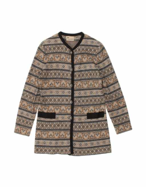 Vintage Longline Cardigan Sweater UK 14 Medium In Grey Fair Isle