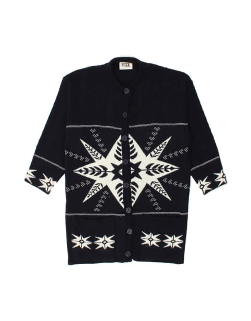 Vintage Longline Cardigan Sweater UK 16 Large In Blue Fair Isle