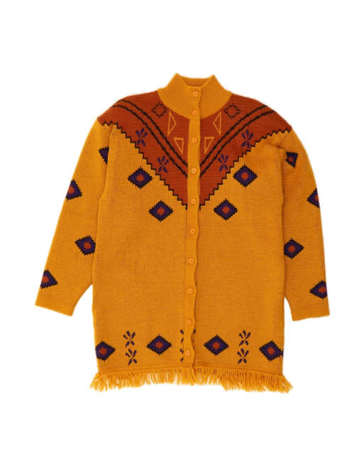 Vintage Longline Cardigan Sweater UK 16 Large In Yellow Geometric