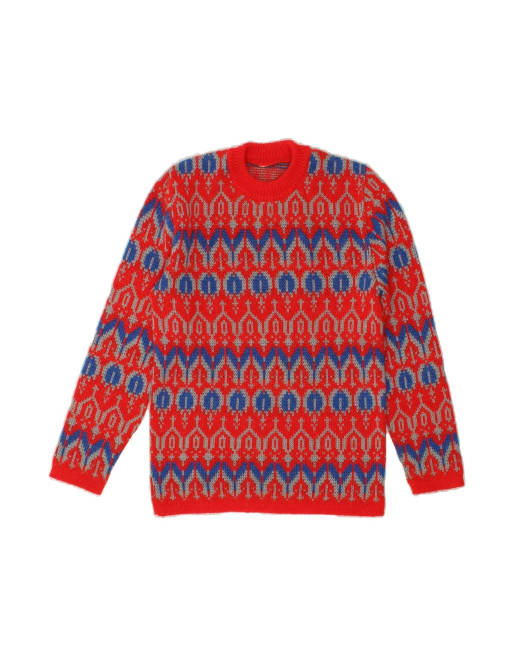 Vintage Longline Crew Neck Jumper Sweater UK 10 Small In Red Fair Isle