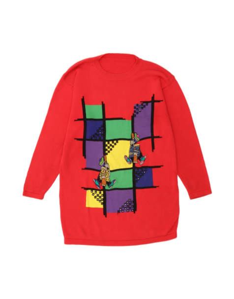 Vintage Longline Crew Neck Jumper Sweater UK 14 Large In Red Geometric - view 1