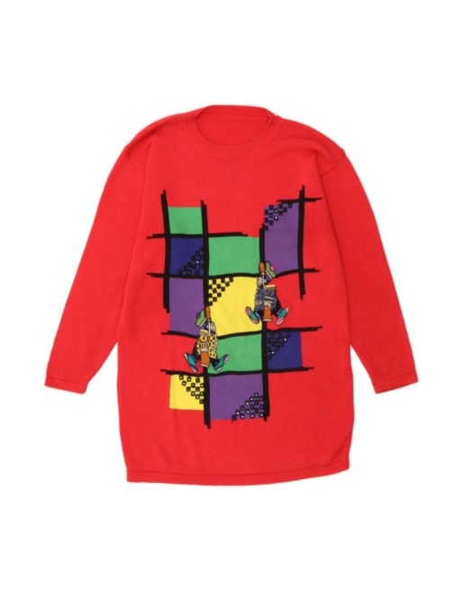 Vintage Longline Crew Neck Jumper Sweater UK 14 Large In Red Geometric