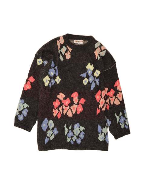 Vintage Longline Crew Neck Jumper Sweater UK 18 XL In Grey Floral - view 1
