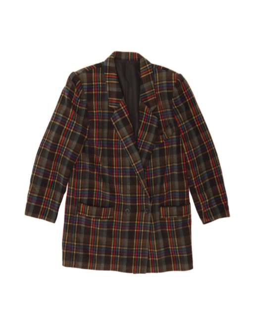Vintage Longline Double Breasted Blazer Jacket UK 18 XL In Grey Check